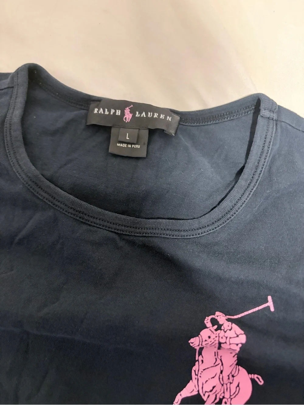 Ralph Lauren Navy Short Sleeve Tee with Pink Pony Embroidery